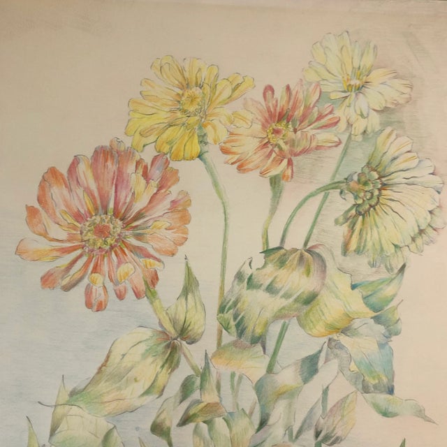 Original Vintage Floral Still Life Colored Pencil Drawing 1970’s For Sale - Image 4 of 6