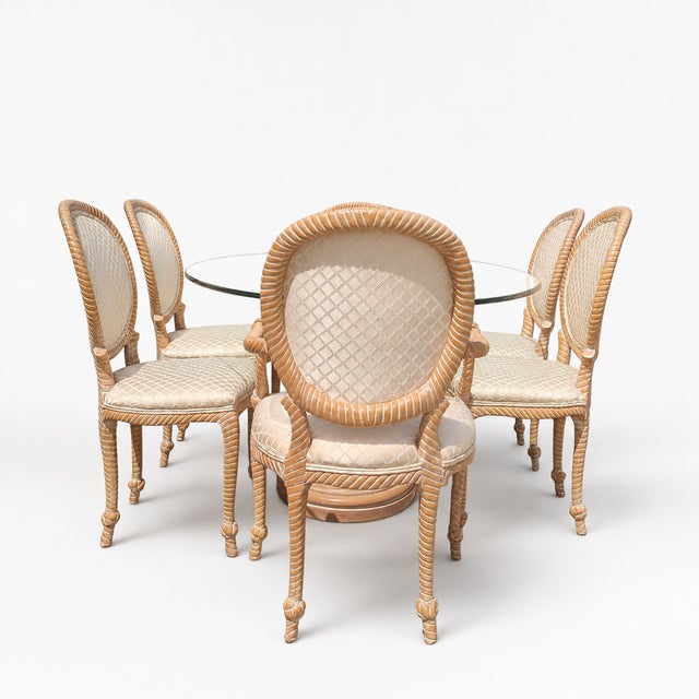 Brown Vintage Carved Wood Oval Glass Dining Set With Six Upholstered Chairs For Sale - Image 8 of 18