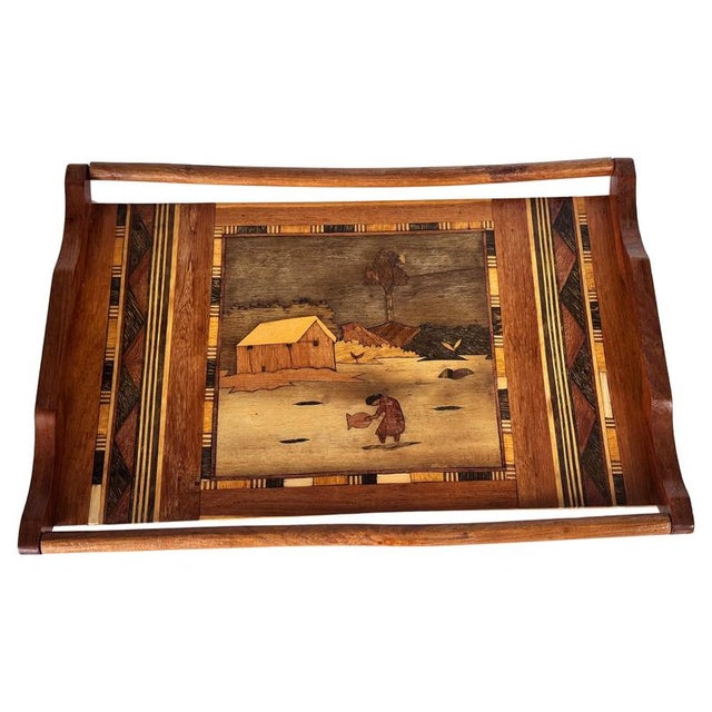 French Wooden Marquetry Tray with Craftwork Winter Scene, 1950s For Sale - Image 16 of 16