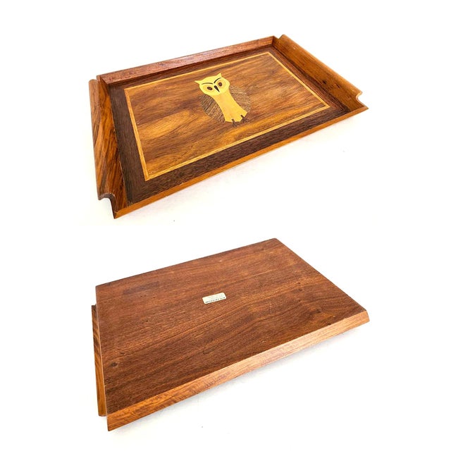 Vintage Inlaid Wood Serving Tray – Handcrafted Marquetry Owl Motif For Sale - Image 4 of 11