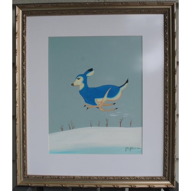 Vintage Beatien Yazz Navajo Gouache Original Painting Blue Deer Signed For Sale - Image 9 of 10