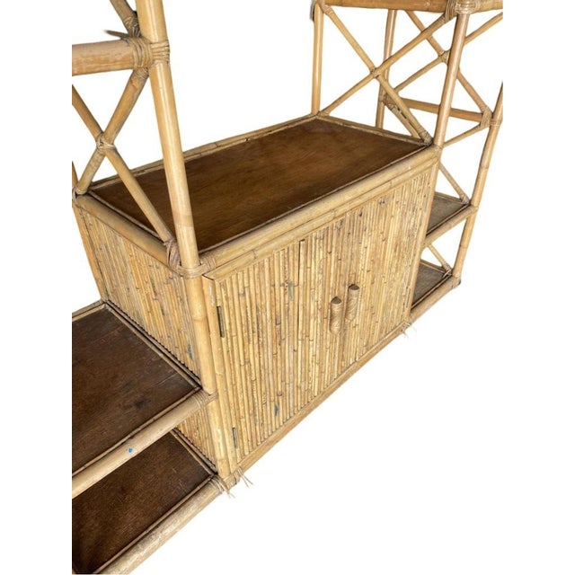 1950s 1950s Restored Rattan Seven-Tier Display Shelf Wall Etagere Unit W/ Cabinet For Sale - Image 5 of 9