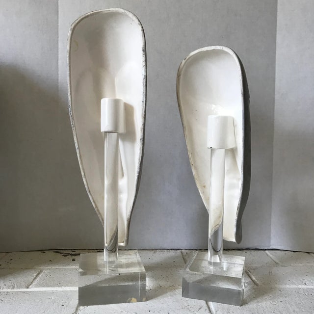 1980s Ceramic Masks on Lucite Stands, Pair For Sale - Image 5 of 6