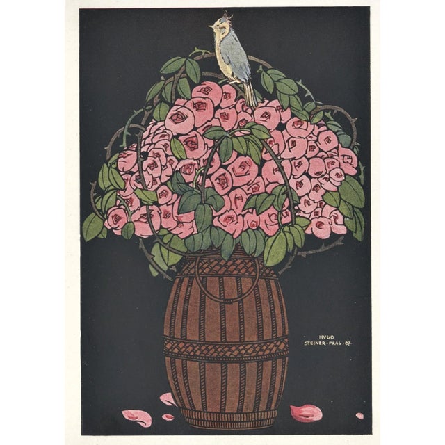 Art Nouveau 1907 French Art Nouveau Chromolithograph of Flowers in Baskets With Birds For Sale - Image 3 of 3