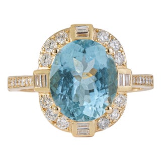 14k Gold Art Deco 3.49ct Oval Aquamarine Diamond Chic Cocktail Ring Size 4 For Sale