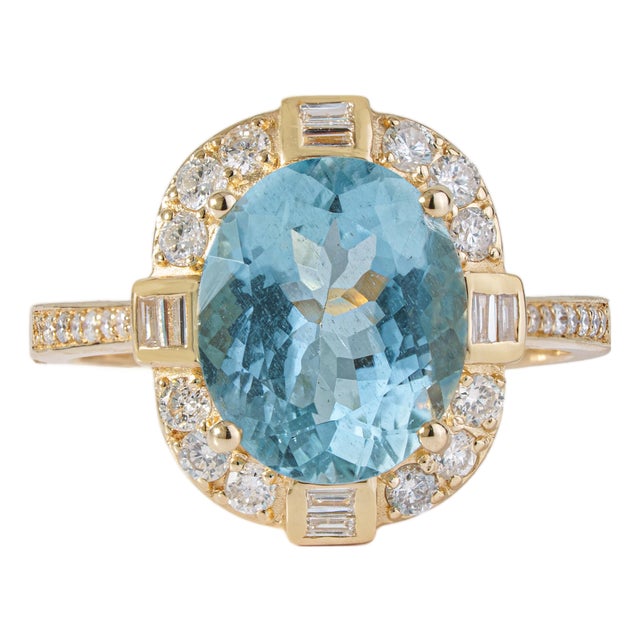 14k Gold Art Deco 3.49ct Oval Aquamarine Diamond Chic Cocktail Ring Size 4 For Sale