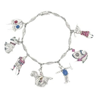 Art Deco Platinum Bracelet Diamond & Gems 7 Assorted Charms For Sale