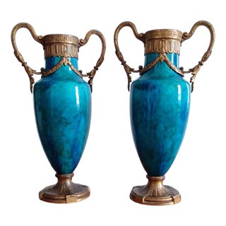 Sevres Bronze Mounted Vases with Green and Blue Glazed Faience, Set of 2 For Sale