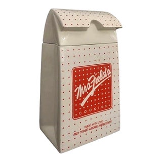 Large Vintage Mrs. Fields Ceramic Cookie Jar – Paper Bag Shape, Red Polka Dots, Retro Kitchen Decor For Sale