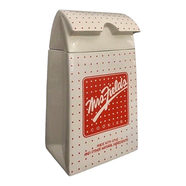 Large Vintage Mrs. Fields Ceramic Cookie Jar – Paper Bag Shape, Red Polka Dots, Retro Kitchen Decor For Sale