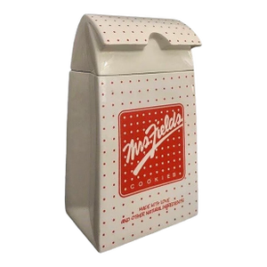 Large Vintage Mrs. Fields Ceramic Cookie Jar – Paper Bag Shape, Red Polka Dots, Retro Kitchen Decor