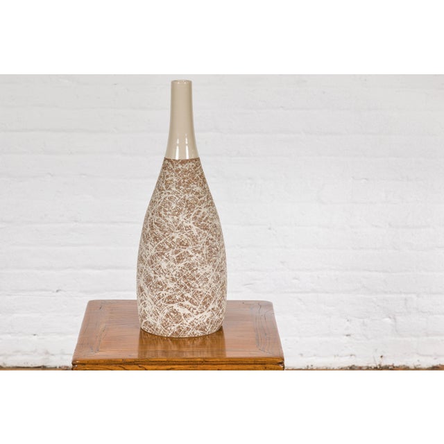 Ceramic Hand-Crafted Artisan Bottle Shaped Brown and Cream Ceramic Vase with Dripping For Sale - Image 7 of 12