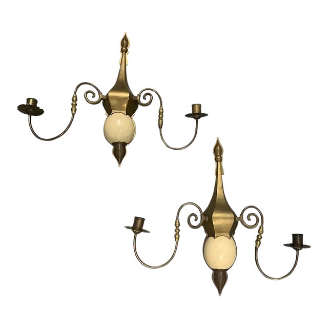 1970s Chapman Brass & Faux Ostrich Egg Sconces - a Pair For Sale