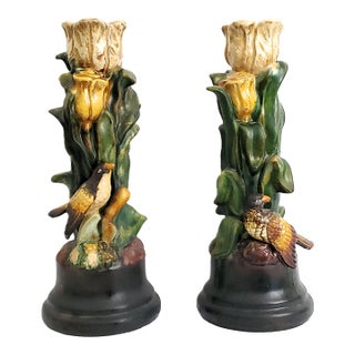 Majolica Candlesticks With Birds - A Pair For Sale