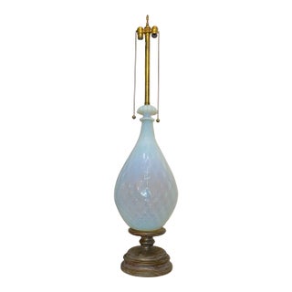 1960s Gigantic Hand Blown Italian Murano Opalescent Lattice Opal Glass Table Lamp Wood For Sale