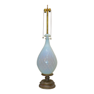 1960s Gigantic Hand Blown Italian Murano Opalescent Lattice Opal Glass Table Lamp Wood