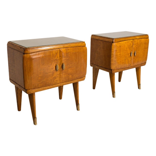 Italian Bedside Tables in Birch, Brass and Glass, 1960s, Set of 2 For Sale