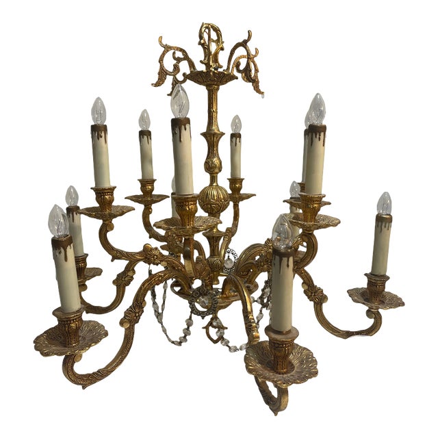 Vintage French Louis IV Style Gilt Metal Chandelier 12 Light For Sale