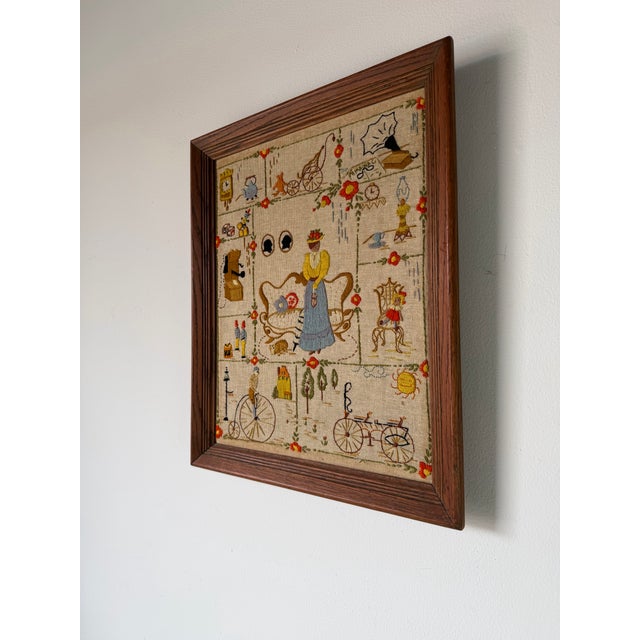Traditional Vintage Framed Needlepoint Textile Wall Art With Whimsical Domestic Scene For Sale - Image 3 of 11