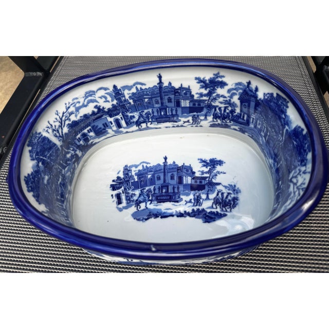 Large Vintage Blue & White Viscaya Ceramic Cachepot Centerpiece Bowl For Sale - Image 4 of 12