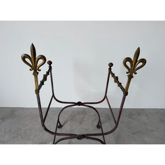 Vintage Italian Wrought Iron Savonarola Chair With Brass Fleur-De-Lis Finials For Sale - Image 9 of 12