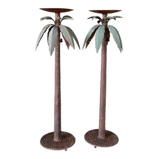 Pair of Vintage Sculptural Metal Palm Tree Floor Candle Holders For Sale