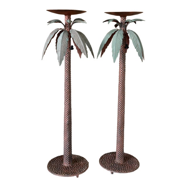 Pair of Vintage Sculptural Metal Palm Tree Floor Candle Holders For Sale