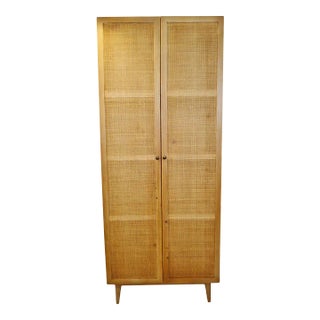 Vintage Honey Pine & Cane Storage Cabinet For Sale