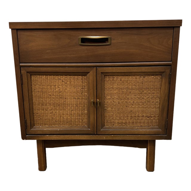 Mid-Century Modern Walnut Cabinet Nightstand With Cane Doors For Sale