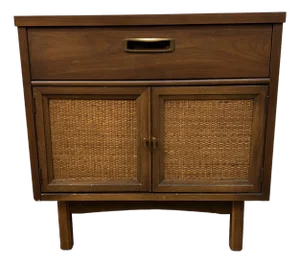 Mid-Century Modern Walnut Cabinet Nightstand With Cane Doors