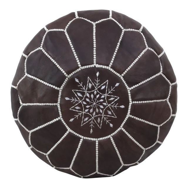 Brown Moroccan Leather Pouf Cover For Sale