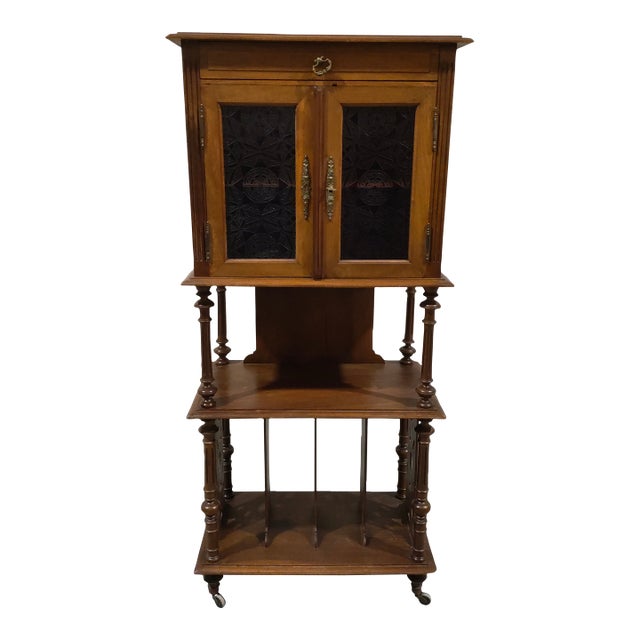 Antique Victorian Walnut Sheet Music Cabinet / Record Cabinet With Patterned Glass Doors, Circa 1880 For Sale
