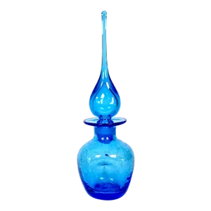 1960's Hand Blown Petite Blue Crackle Glass Decanter With Flame Tipped Stopper