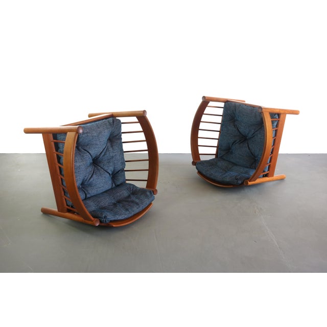 Mid-Century Modern Jorgen Baekmark Spindle Barrel Chair Set of Two in Teak and Rich Blue For Sale - Image 3 of 8