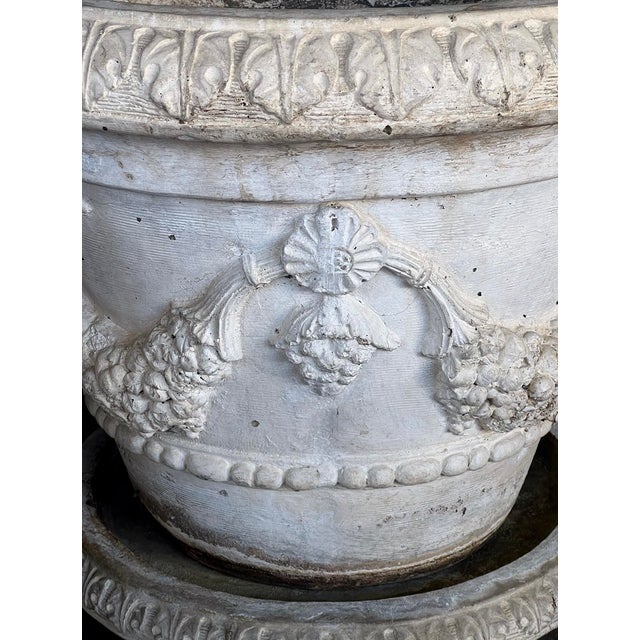 White Large Pair Neoclassical Style Cast Stone Planters With Undertrays For Sale - Image 8 of 9