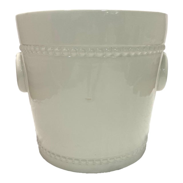Large 1970s Italian White Ceramic Cachepot Planter With Ring Handles & Beaded Bands For Sale