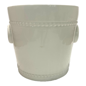 Large 1970s Italian White Ceramic Cachepot Planter With Ring Handles & Beaded Bands