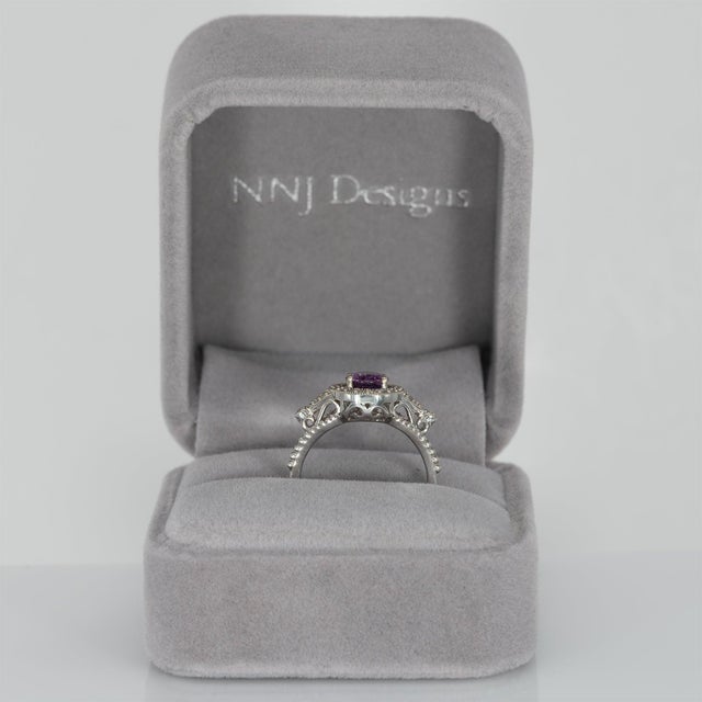 1.6Ct Purple Sapphire Ring With Natural Diamond Halo: Solid 14k Gold, Size 6.75 For Sale - Image 4 of 11