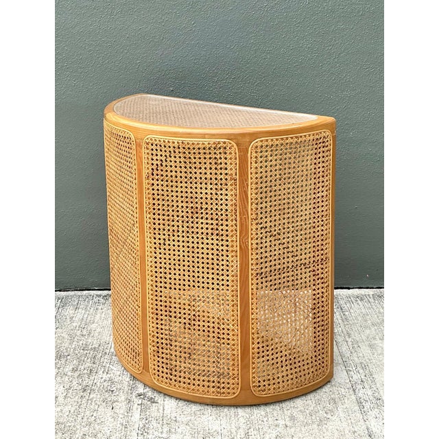 Vintage Wood and Cane Demilune Console Table For Sale In West Palm - Image 6 of 12