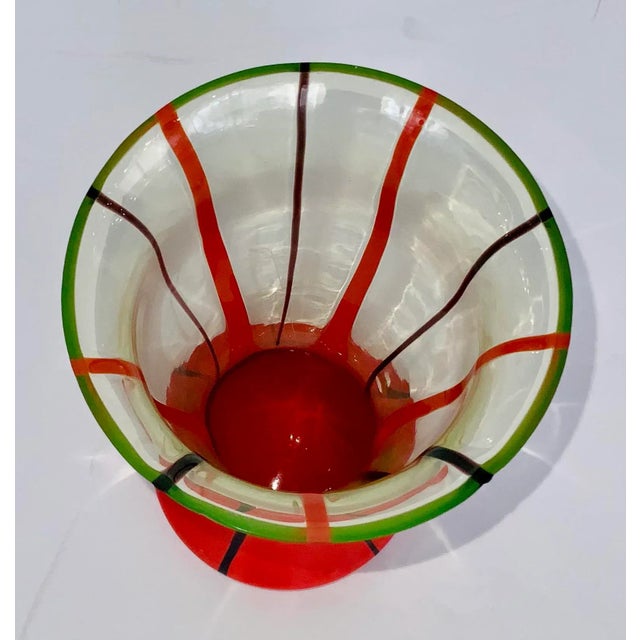 Stylish Czech Kralik Red Pulls Art Glass Vase, black accents