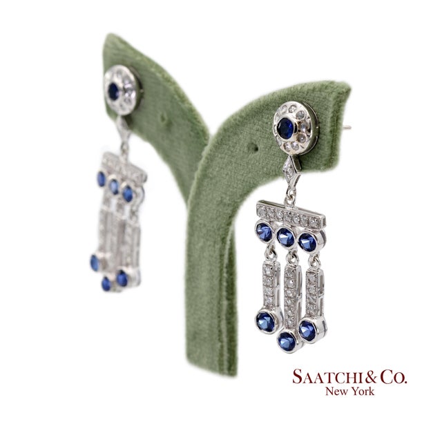 Contemporary 14k(585) Vintage White Gold Natural Diamond and Sapphire Earrings For Sale - Image 3 of 12