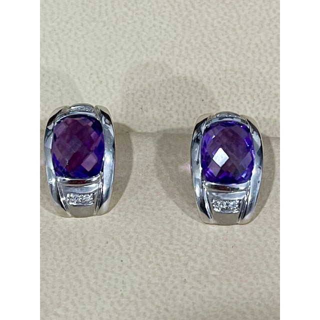 Traditional 6 Carat Amethyst and Diamond 14 Karat White Gold Earrings, Omega Back For Sale - Image 3 of 18