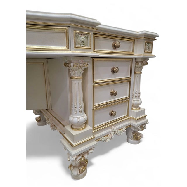 Late 20th Century Vintage Custom Venetian Antique Rococo Style Antique White Carved Executive Desk For Sale - Image 5 of 13