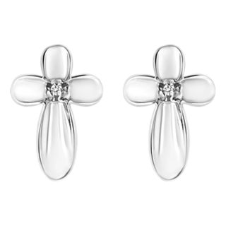 .925 Sterling Silver Prong Set Diamond Accent Floral Cross Stud Earring, A Pair For Sale