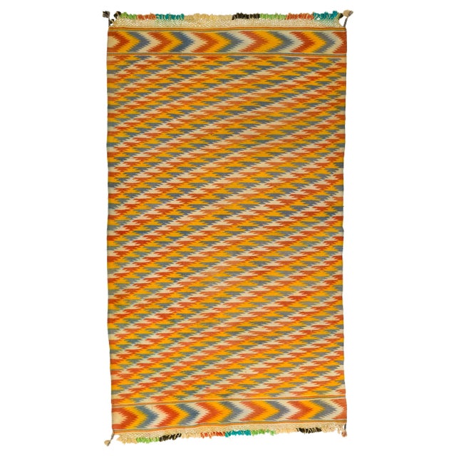 Tribal Blue and Yellow Chevron Pattern Rajasthani Indian Dhurrie Rug For Sale In New York - Image 6 of 6