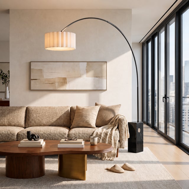 Mid-Century Modern Iconic 95" Arc Floor Lamp - Black Nickel, Marble Base, Linen Shade For Sale - Image 3 of 7