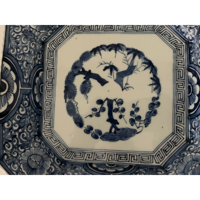 Blue Antique Japanese Blue and White Arita Porcelain Octagonal Plate With Avian Motif For Sale - Image 8 of 15