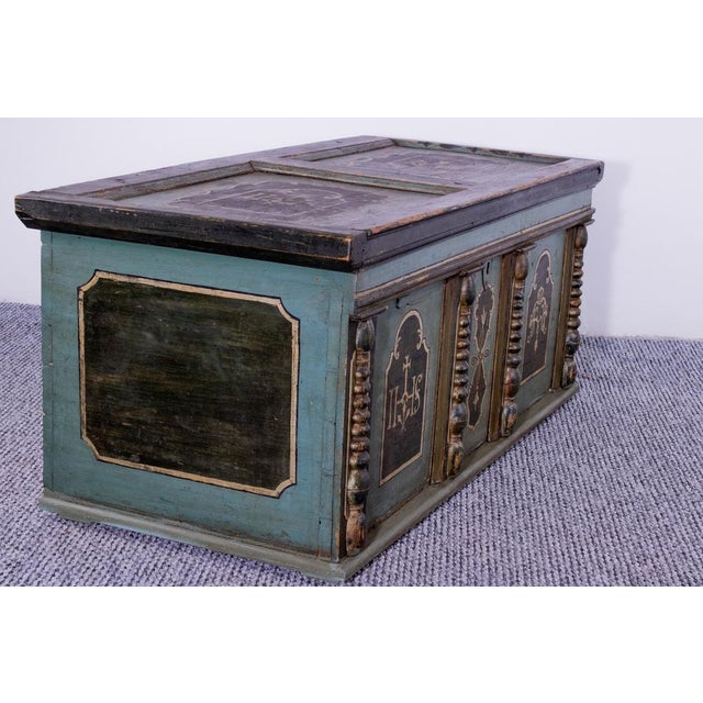 Wood Late 19th Century Hand-Crafted Pine Chest with Original Decorative Paint, 1898 For Sale - Image 7 of 10