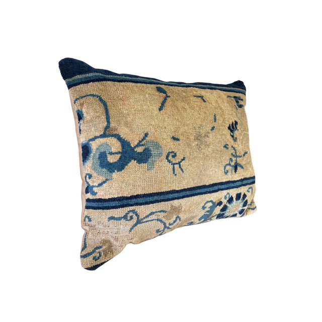 Beige Custom Made Lumbar Pillow W/Antique Chinese Rug Fragment 18" W For Sale - Image 8 of 9