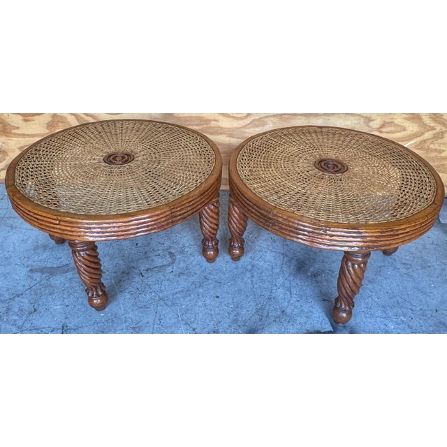 Pair Anglo-Indian / Tradewinds-Style Carved Hardwood & Cane Low Tables / Benches For Sale In Greensboro - Image 6 of 12